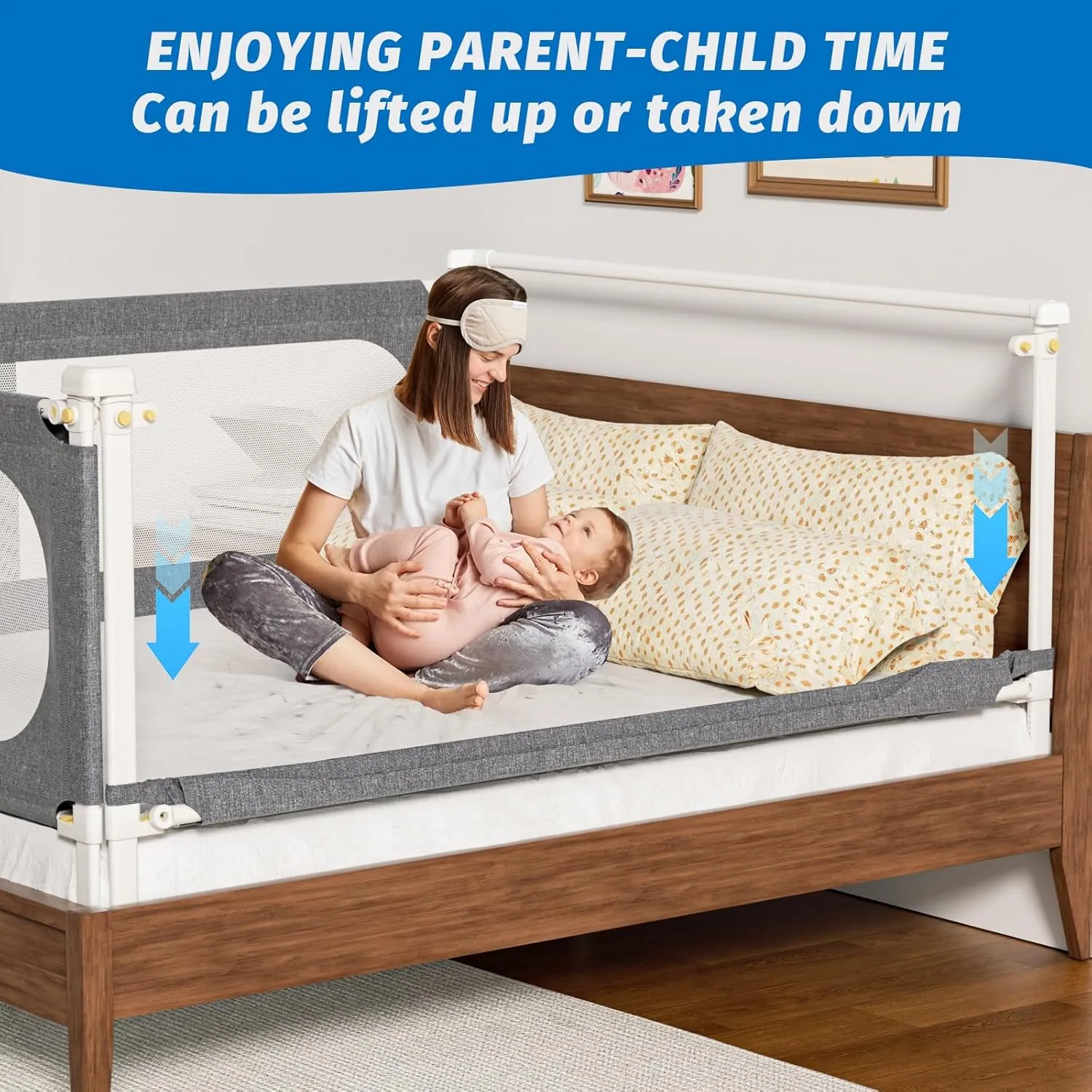 3-Piece Queen Size Bed Rails for Toddlers, with Headboard Rod -Height Adjustable Baby' Safety Bed Rails Guard for Queen Size Bed(3Pack 78.7"x78.7"x59"-Gray)