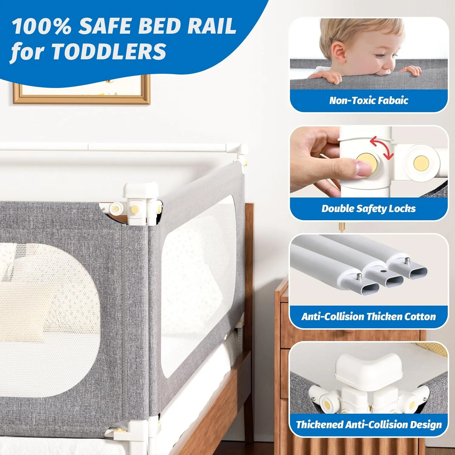 3-Piece Queen Size Bed Rails for Toddlers, with Headboard Rod -Height Adjustable Baby' Safety Bed Rails Guard for Queen Size Bed(3Pack 78.7"x78.7"x59"-Gray)