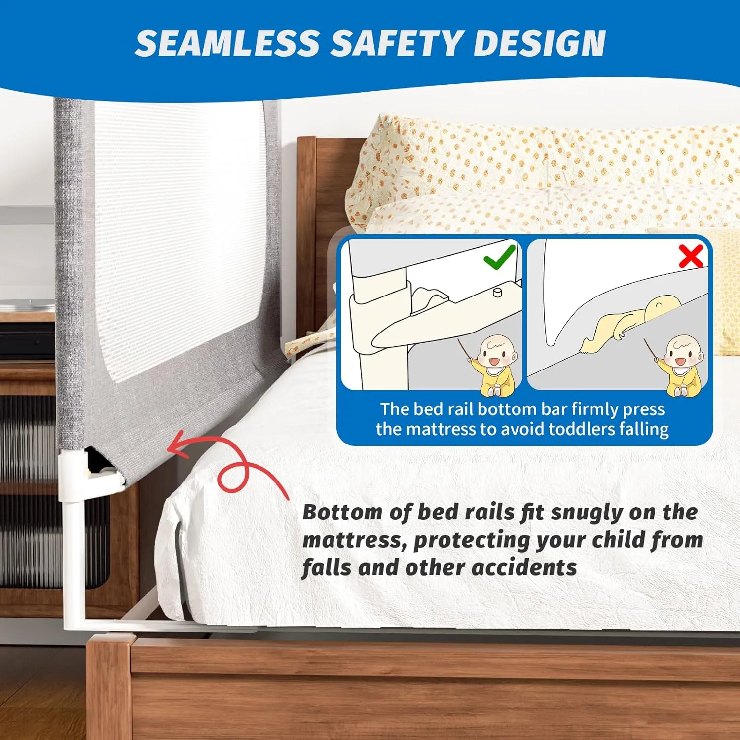 3-Piece Queen Size Bed Rails for Toddlers, with Headboard Rod -Height Adjustable Baby' Safety Bed Rails Guard for Queen Size Bed(3Pack 78.7"x78.7"x59"-Gray)