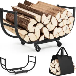 30-Inch Black Metal Firewood Rack, Indoor & Outdoor Use, U-Shaped Shelf, 300 lbs Capacity, Mobile with Wheels & Brake, Includes Log Carrier Bag