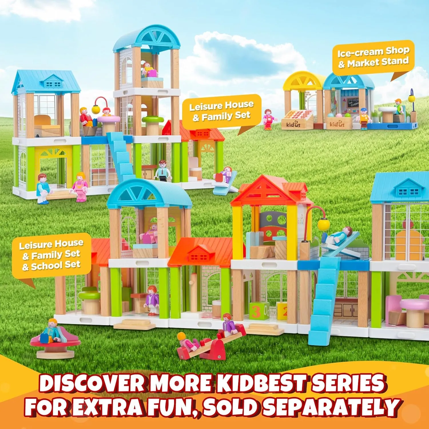34-Piece Small Wooden Dollhouse for Toddlers, 2-Room Toy House with Seesaw, Merry-Go-Round, Furniture Accessories with 3 Dolls, Birthday Toys for Kids Ages 3-8 (4.09" x 4.09" x 9.45")
