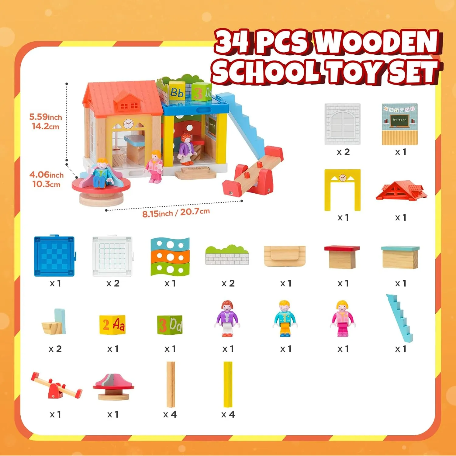 34-Piece Small Wooden Dollhouse for Toddlers, 2-Room Toy House with Seesaw, Merry-Go-Round, Furniture Accessories with 3 Dolls, Birthday Toys for Kids Ages 3-8 (4.09" x 4.09" x 9.45")