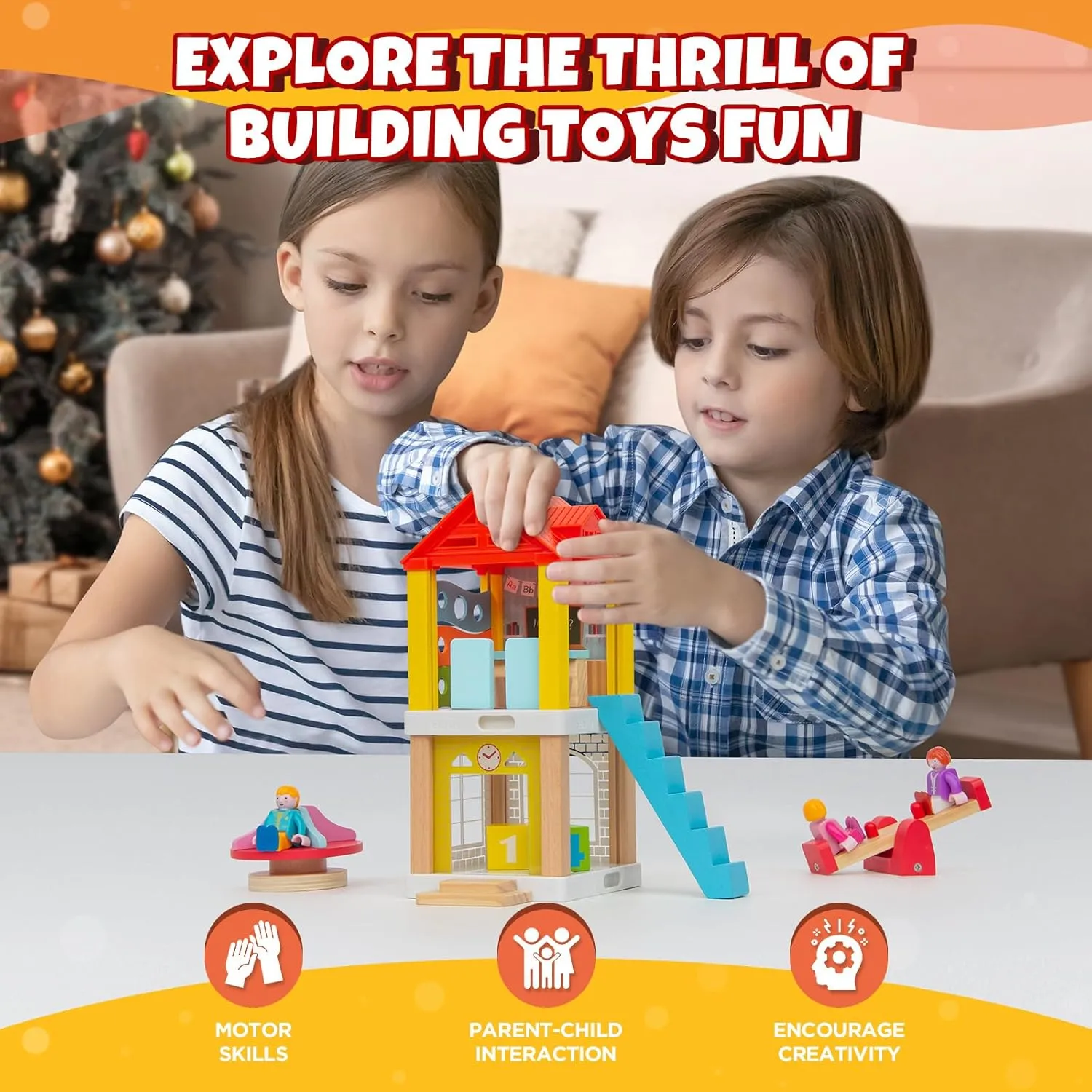 34-Piece Small Wooden Dollhouse for Toddlers, 2-Room Toy House with Seesaw, Merry-Go-Round, Furniture Accessories with 3 Dolls, Birthday Toys for Kids Ages 3-8 (4.09" x 4.09" x 9.45")
