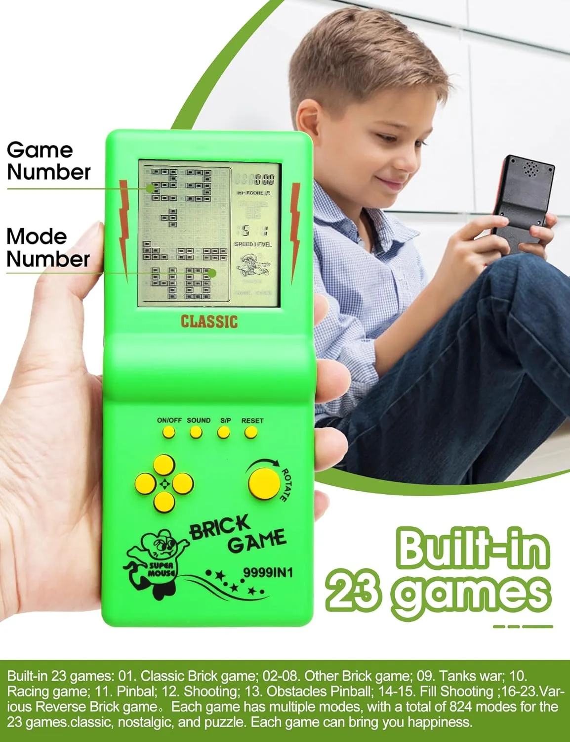 3.5-inch Large Screen Retro Brick Console - 80s/90s Classic Games - Racing, Tank & Puzzle Games - Green