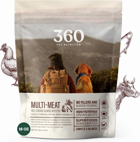 360 Pet Nutrition Freeze-Dried Raw Dog Food, High-Protein Complete Meal w/Beef, Chicken, Fish, Organs, Superfoods, No Fillers, 16 oz Bites/Kibble (Multi-Meat) – Made in USA
