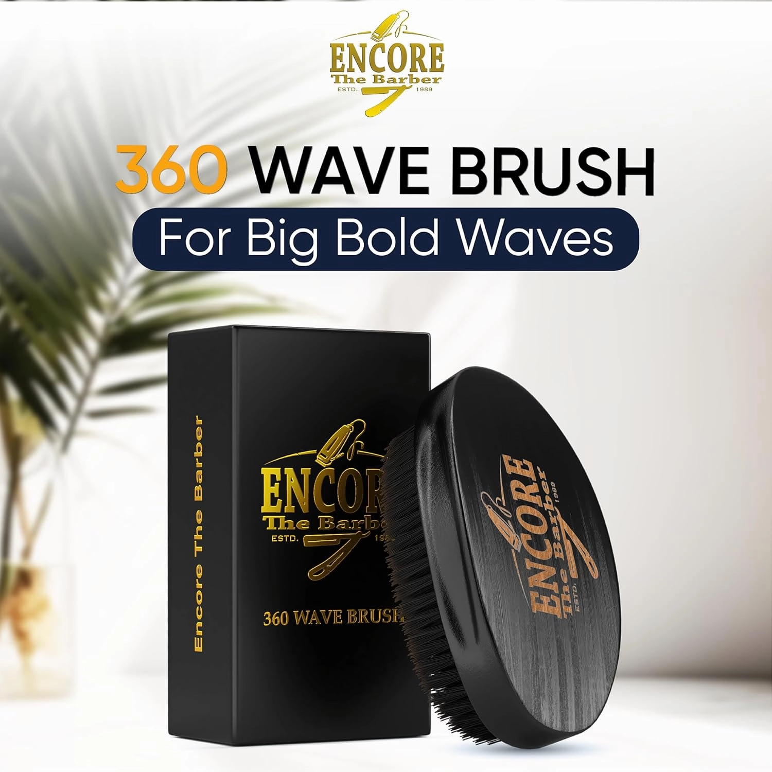 360 Wave Brush medium boar bristle | curved palm for men hair (Black)
