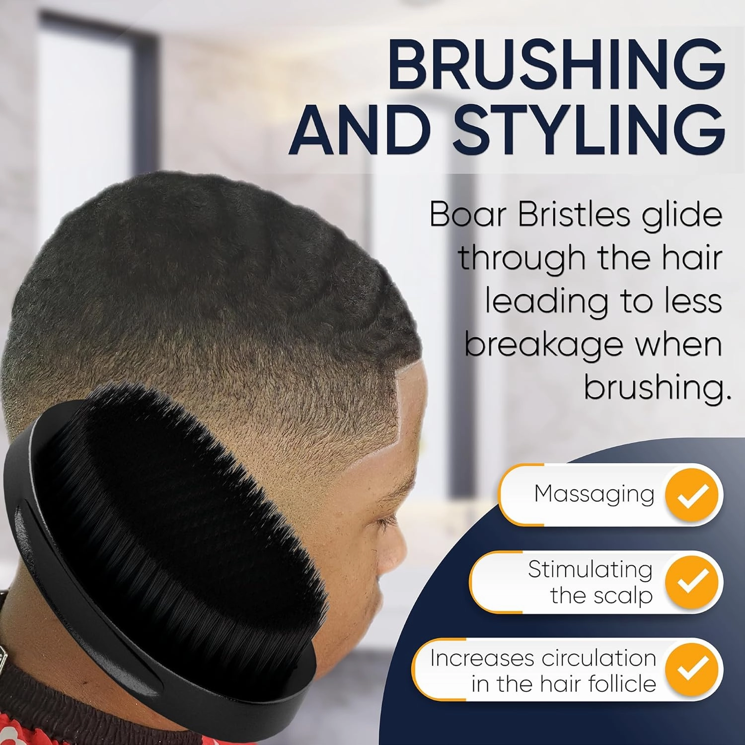 360 Wave Brush medium boar bristle | curved palm for men hair (Black)