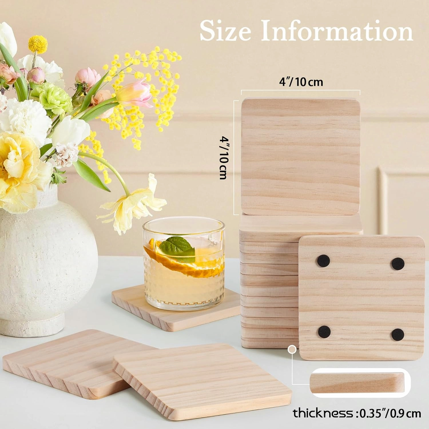 36 Pieces Unfinished Wood Coasters, GOH DODD 4 Inch Wooden Blanks Set with Foot Pads for Crafts Laser Engraving Wood Burning Staining Painting Decoupage Wedding Father's Day Gifts, Square and Round