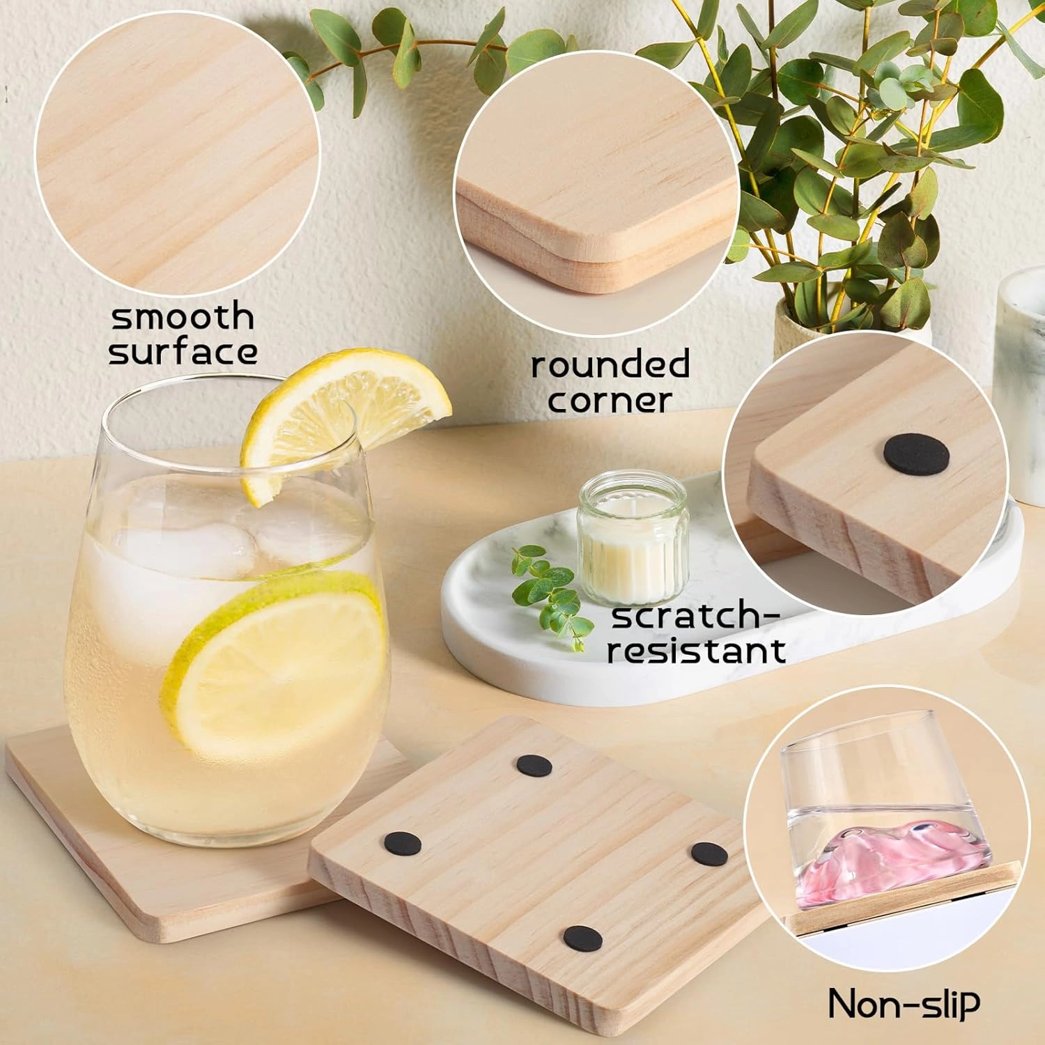 36 Pieces Unfinished Wood Coasters, GOH DODD 4 Inch Wooden Blanks Set with Foot Pads for Crafts Laser Engraving Wood Burning Staining Painting Decoupage Wedding Father's Day Gifts, Square and Round