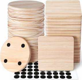 36 Pieces Unfinished Wood Coasters, GOH DODD 4 Inch Wooden Blanks Set with Foot Pads for Crafts Laser Engraving Wood Burning Staining Painting Decoupage Wedding Father's Day Gifts, Square and Round