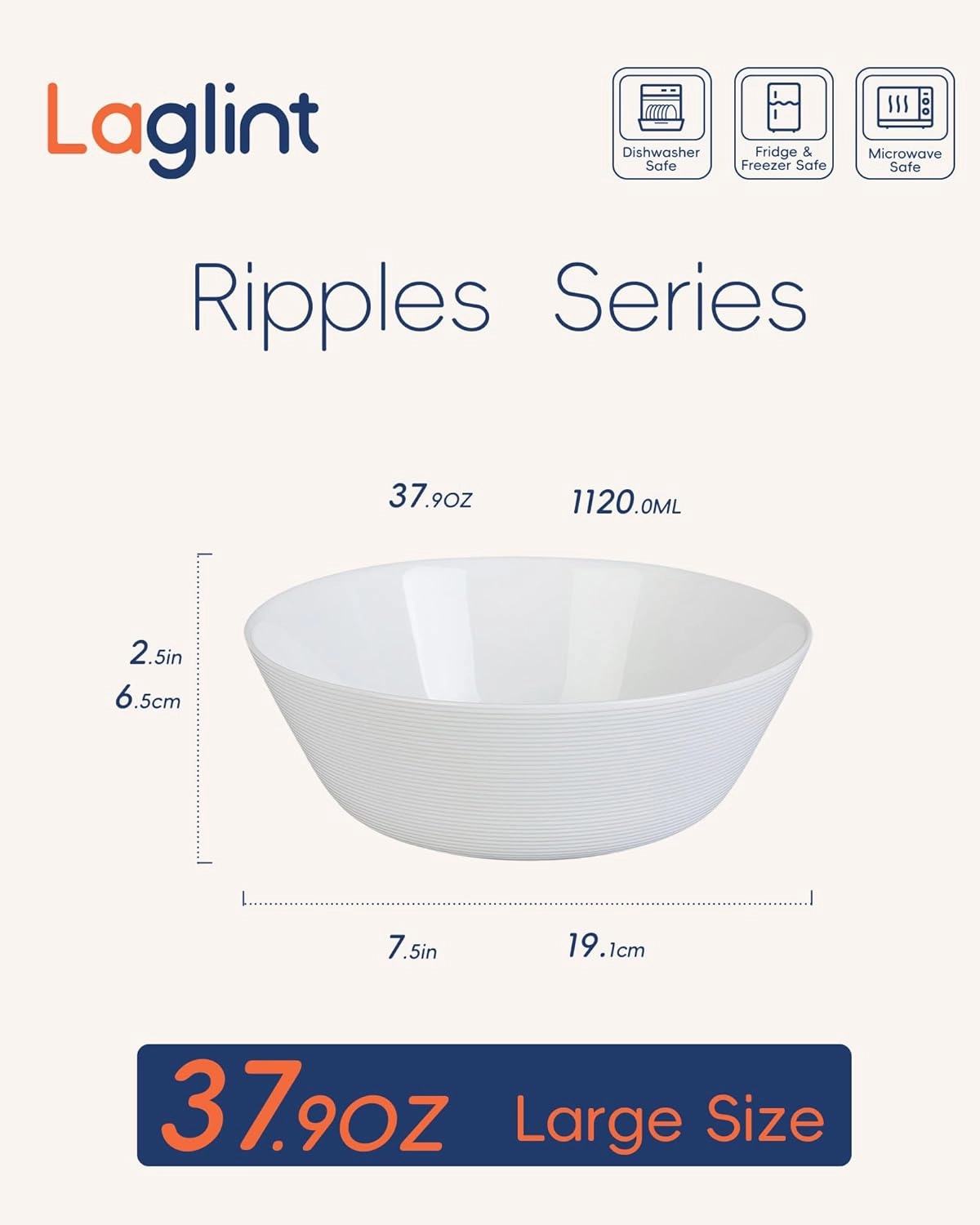 38 OZ Large Soup Bowl Set of 4, Opal Glass 7.5 inch White Bowls for Ramen, Noodle, Salad, Fruit, Dishwasher and Microwave Safe