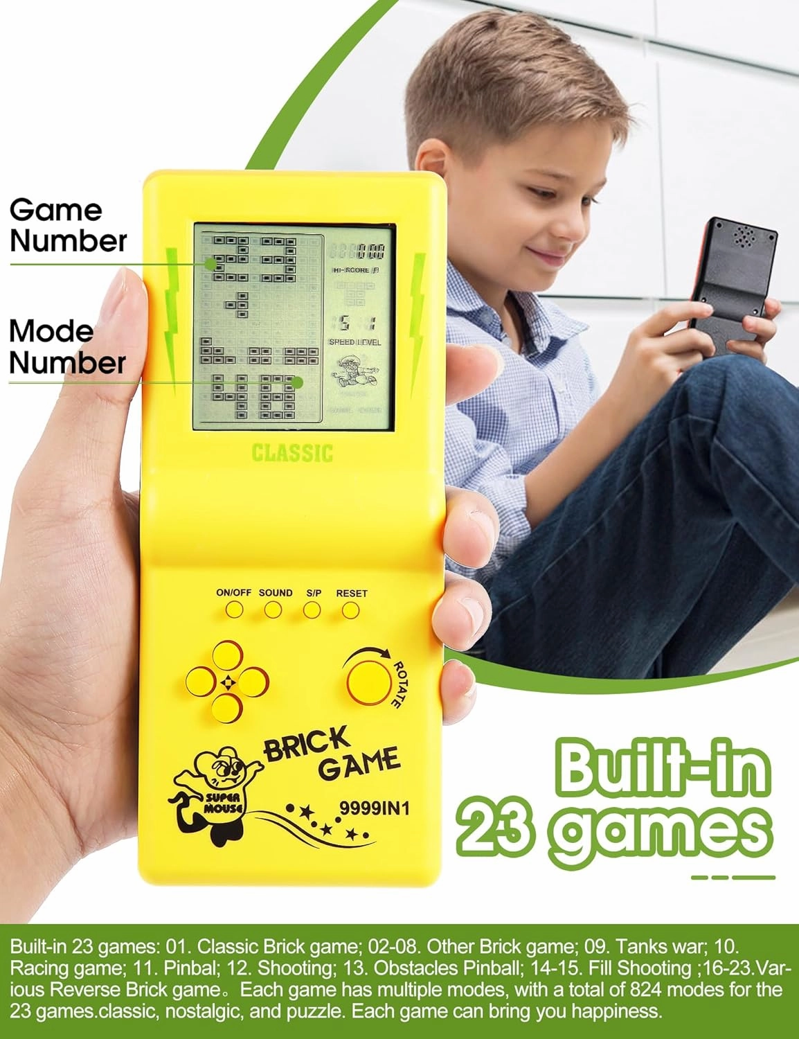 3.5-inch Large Screen Retro Brick Game Console - Built-in 23 Classic Games, Racing & Tank, Nostalgic Puzzle Console (Yellow)