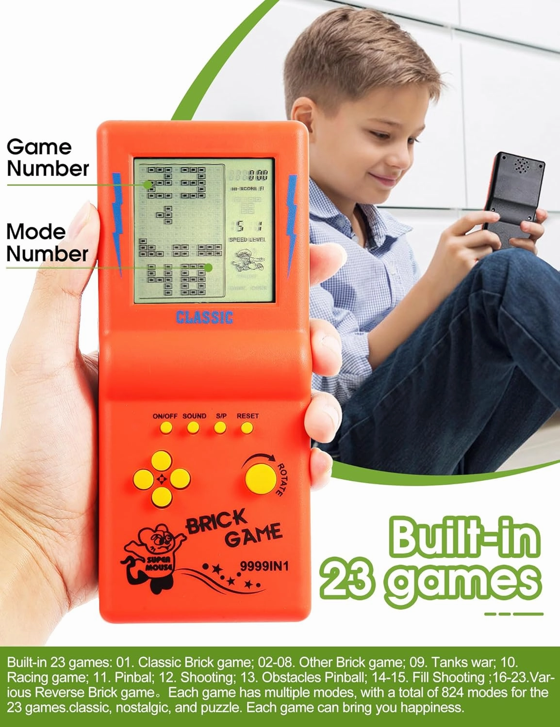 3.5-inch Large Screen Retro Brick Game Console for The 80s/90s Building Block Game Racing/Tank Game Built-in 23 Classic Games Nostalgic Puzzle Children's Game Console (Orange)