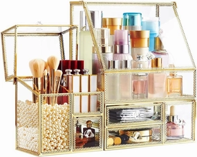 3-Pieces Multifunctional Makeup & Skin Care Organizer Set - 7 Compartments Gold Makeup Organizer for Vanity Countertop - Cosmetic Display Cases