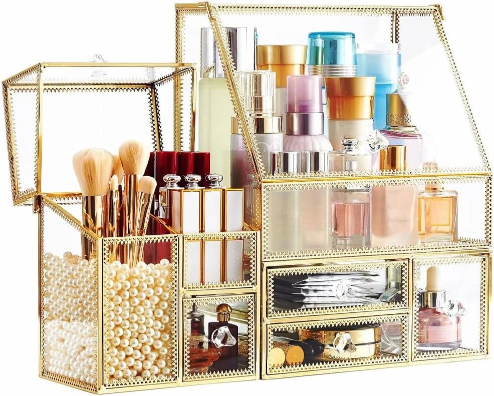 3-Pieces Multifunctional Makeup & Skin Care Organizer Set - 7 Compartments Gold Makeup Organizer for Vanity Countertop - Cosmetic Display Cases