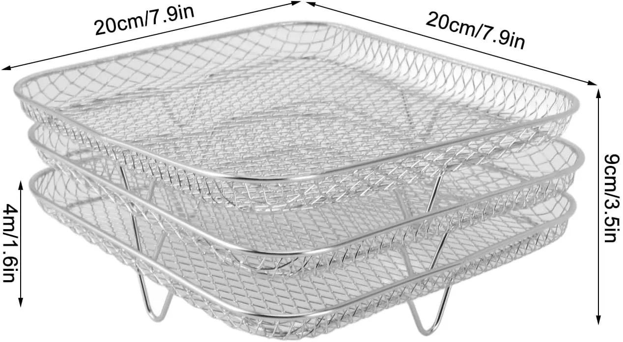 3PCS Fryer Rack Set, 304 Stainless Steel Stackable Multi Layer Dehydrator Rack 8 Inch Fryer Accessories with Great Airflow for Cosori, Grill AG300, AG400 (Square)