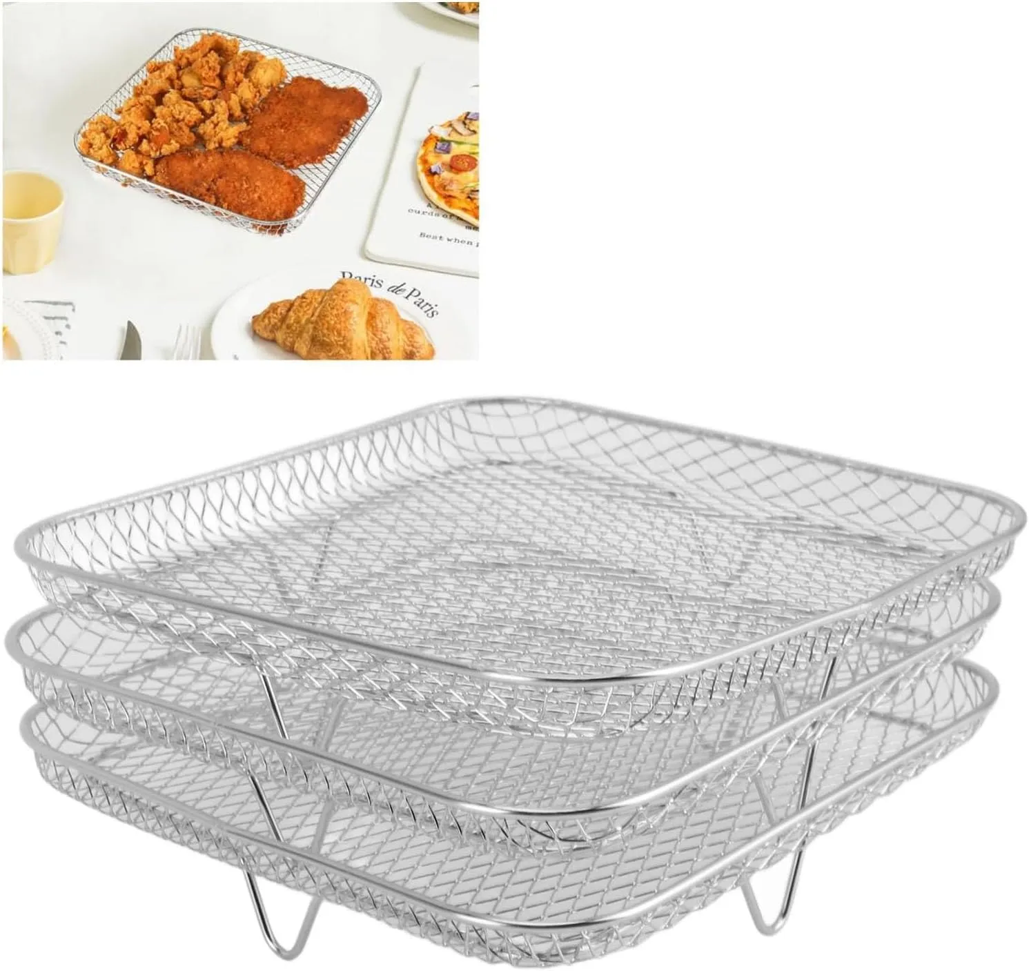 3PCS Fryer Rack Set, 304 Stainless Steel Stackable Multi Layer Dehydrator Rack 8 Inch Fryer Accessories with Great Airflow for Cosori, Grill AG300, AG400 (Square)