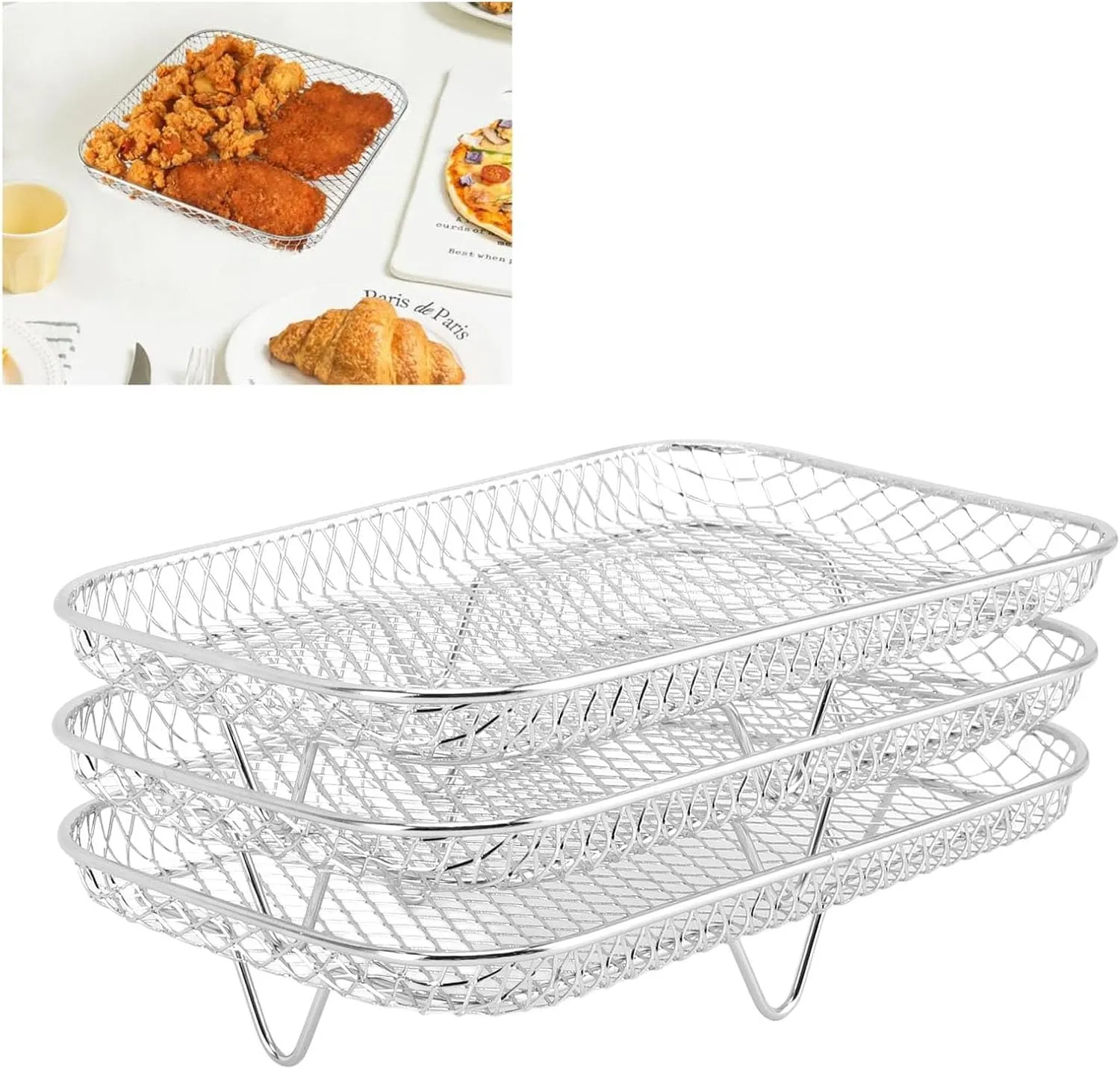 3PCS Fryer Rack Set, 304 Stainless Steel Stackable Multi Layer Dehydrator Rack, 8 Inch Fryer (Rectangle (12 X 10 X 1.5cm / 4.72 X 3.94 X 0.59in))
