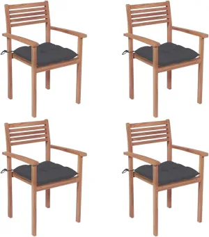 4 Pcs Patio Chairs with Anthracite Cushions Solid Teak Wood Outdoor Stackable Garden Seating for Home Office Bar Cafe