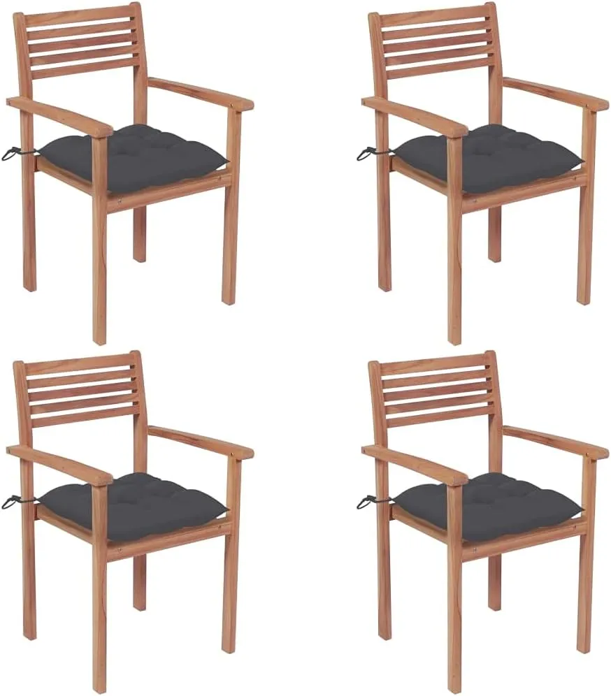 4 Pcs Patio Chairs with Anthracite Cushions Solid Teak Wood Outdoor Stackable Garden Seating for Home Office Bar Cafe