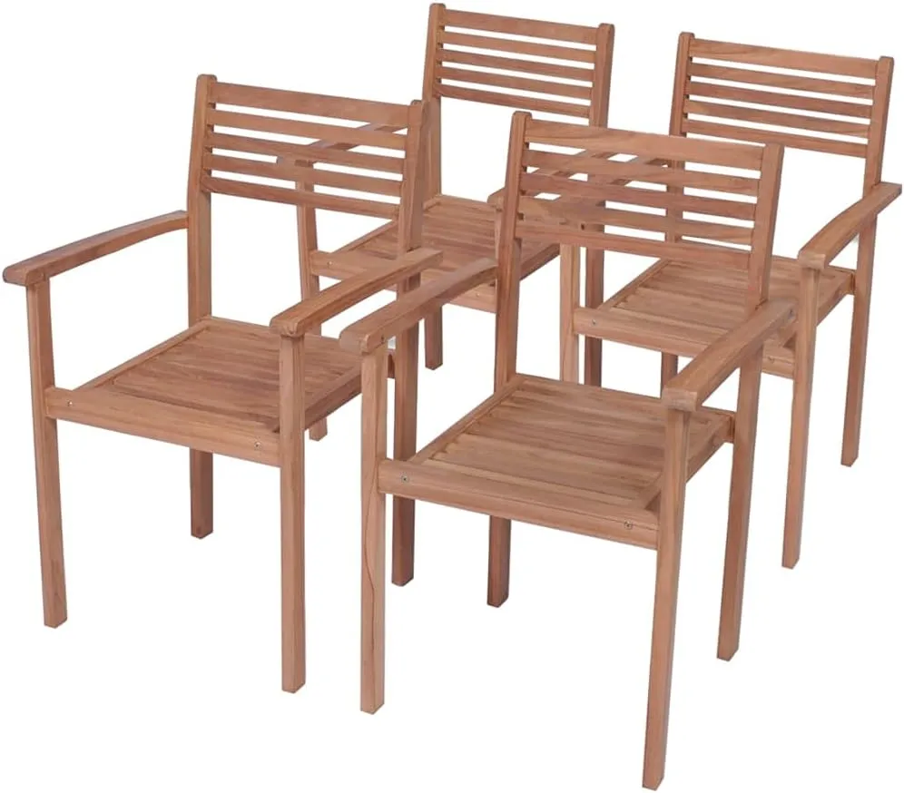 4 Pcs Patio Chairs with Anthracite Cushions Solid Teak Wood Outdoor Stackable Garden Seating for Home Office Bar Cafe