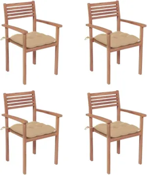 4-Piece Teak Wood Patio Chairs with Beige Cushions - Outdoor Stackable Furniture Set for Poolside Beach Backyard Dining and Lounge
