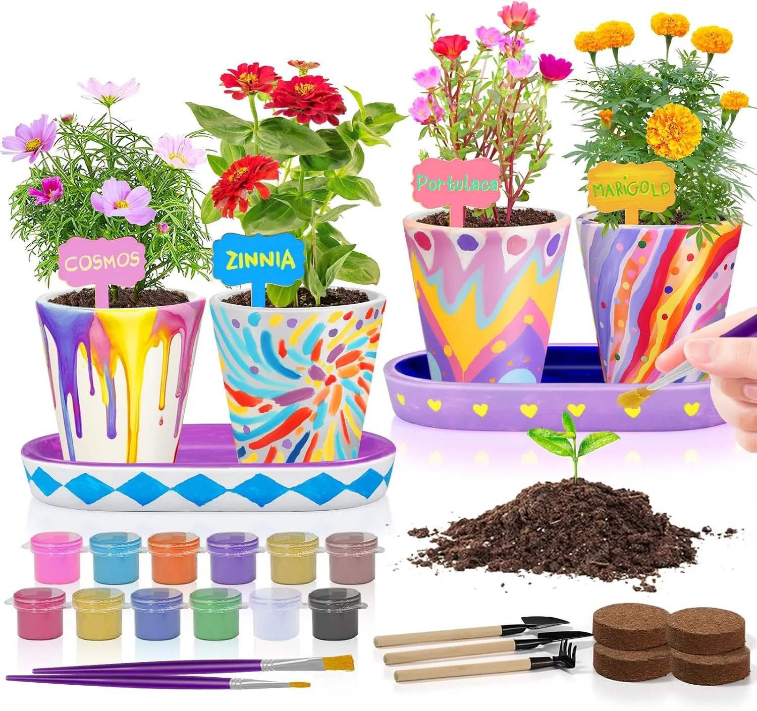 4 Set Paint & Plant Flower Gardening Kit - Gifts for Girls Ages 8-12, Arts and Crafts for Kids Ages 8-12, Kids Gardening Set, Birthday Toys Gifts for Girls Boys Ages 4 5 6 7 8 9 10 11 12