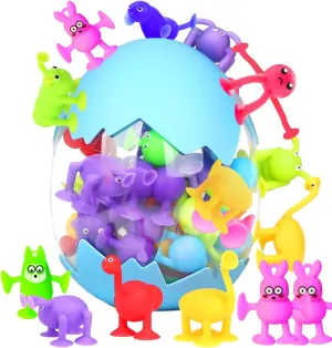 40pcs Suction Cup Toys Kids Bath Toy Egg Stuffers for Easter for 2  3 4 5 6 Year Old Boy Girl Toddler Travel Toy Sensory Fidget Dinosaur Window Toy with Large Eggshell Storage