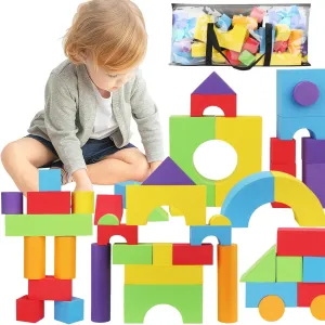 45PCS Large Foam Blocks EVA Soft Stacking Foam Building Blocks Jumbo for Kid Toddlers 3-5, Great Construction Preschool Toy with Shapes & Color Learning for Home School Education Play