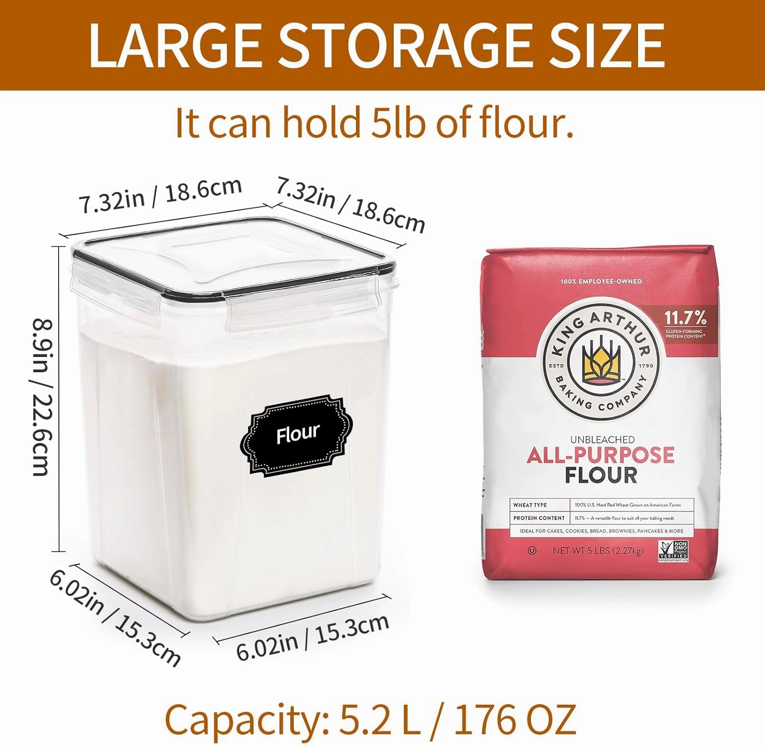 4 Pack Large Airtight Food Storage Containers with Lids (5.2L / 176oz), BPA Free Plastic Kitchen and Pantry Organization Contianers for Cereal Flour and Sugar Storage, Labels & Marker