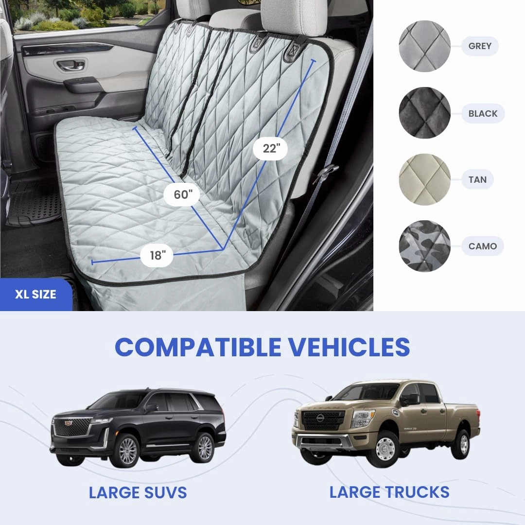 4Knines Dog Seat Cover for Back Seat, Heavy Duty Waterproof Rear Seat Protector for Large Trucks, SUVs, Cars - Fits 60/40 Split Bench with Middle Seat Belt, Non-Slip Backseat Cover (Extra Large, Grey)