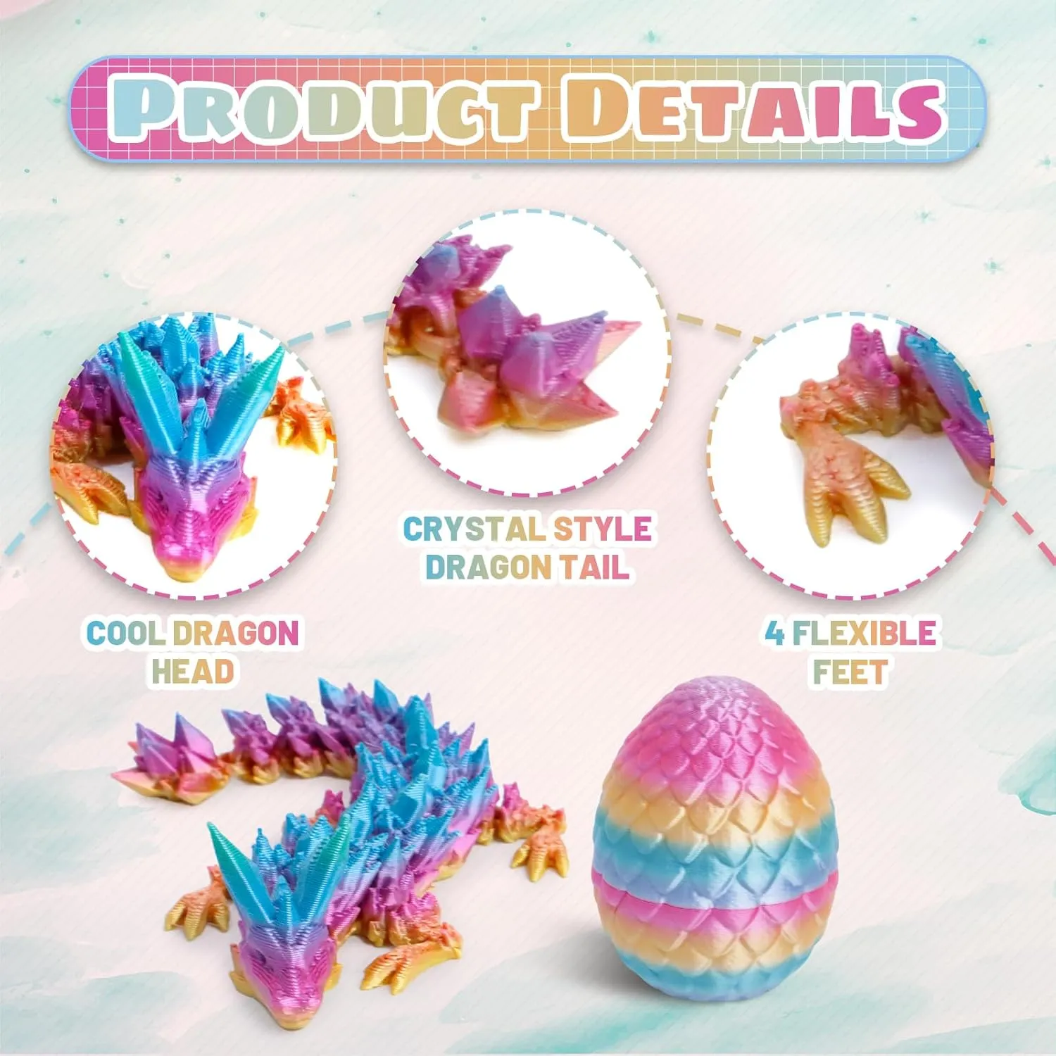 4PCS 3D Printed Dragon Eggs with Dragon Inside, Mini Mystery Egg Articulated Crystal Fidget Toy, Home Office Decor Executive Gift, Surprise 3D Printed Animals Toy Set (Set A)