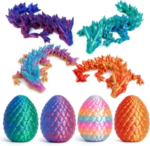 4PCS 3D Printed Dragon Eggs with Dragon Inside, Mini Mystery Egg Articulated Crystal Fidget Toy, Home Office Decor Executive Gift, Surprise 3D Printed Animals Toy Set (Set A)