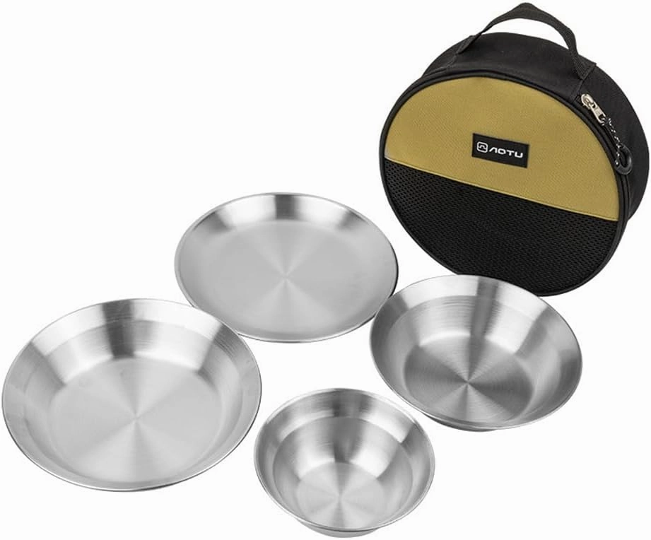 4pcs Camping Tablewa Sets usable Stainless Steel Plates and wls for Outdoor Camping Hiking
