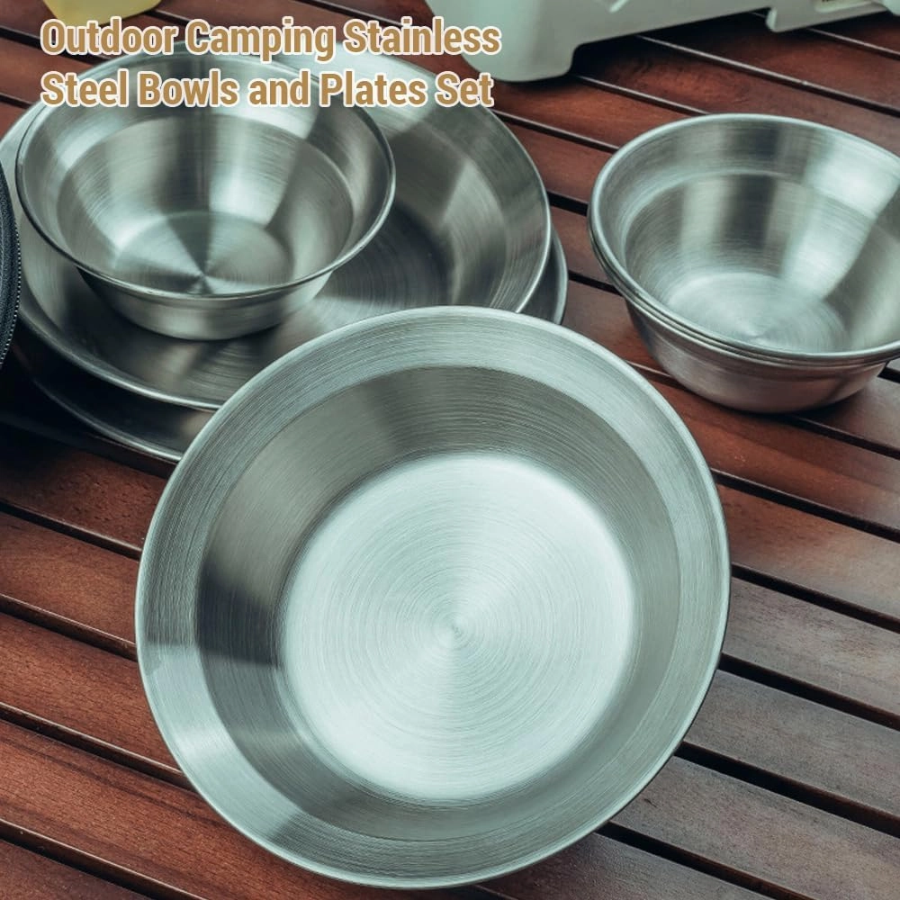 4pcs Camping Tablewa Sets usable Stainless Steel Plates and wls for Outdoor Camping Hiking