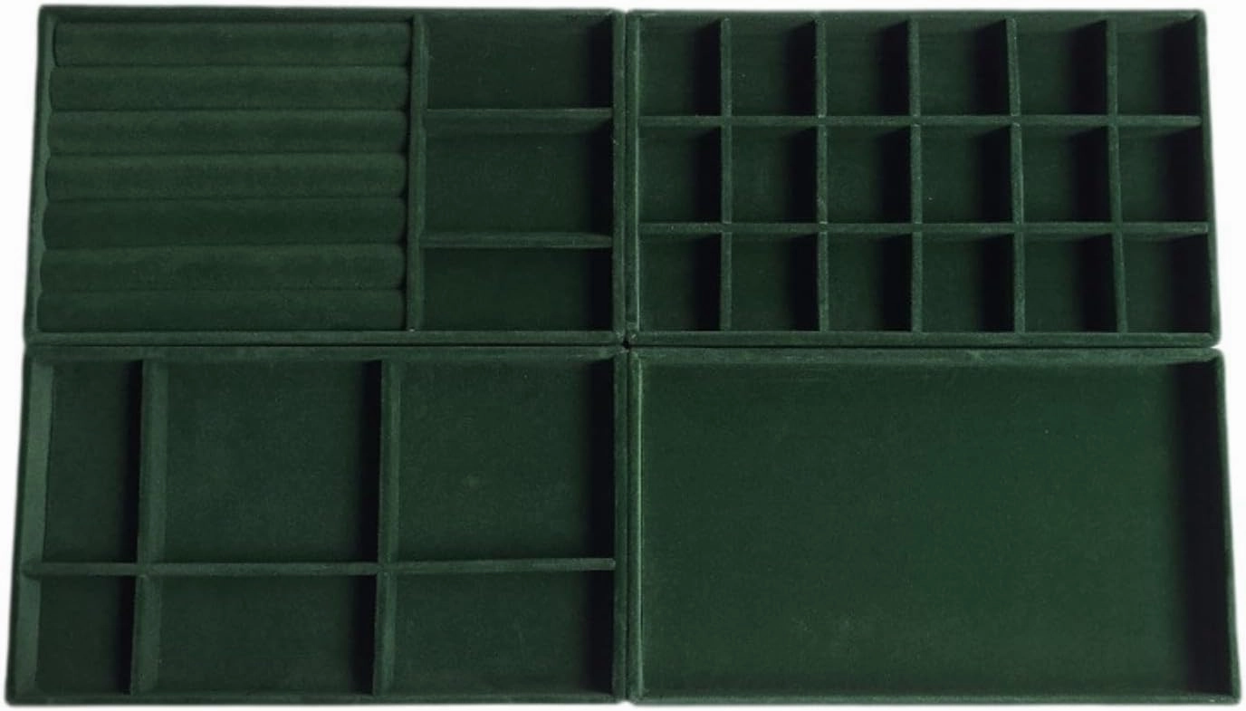 4Pcs Jewelry Trays Drawer Inserts Container Green Velvet with Removable Dividers for Rings Watch Bangles Bracelets Collection