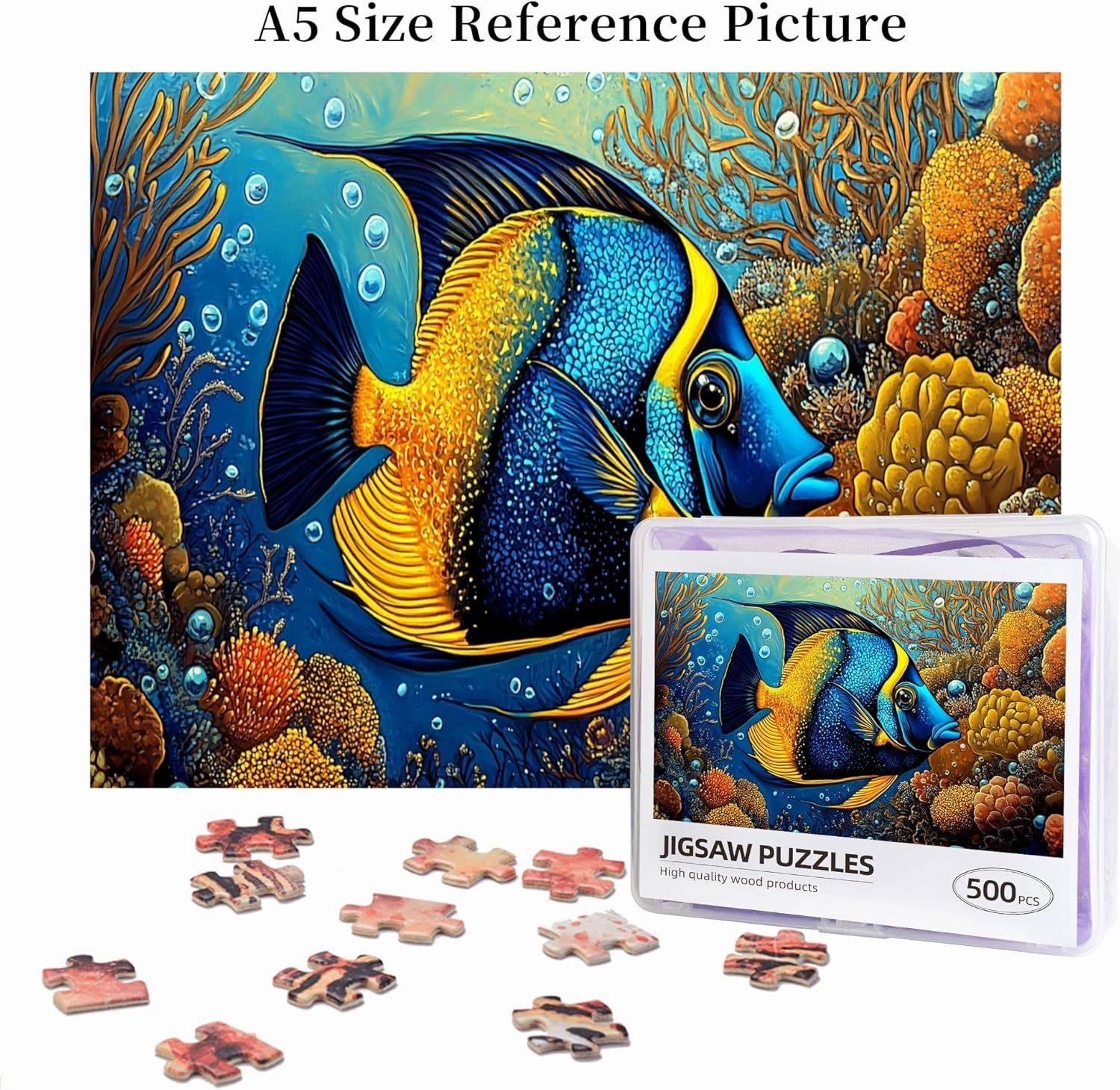 500 Pcs Pieces of Vibrant Puzzles, Underwater Tropical Fish, Wooden Puzzles, Amazing Colors, Creative Entertainment Games and Holiday Party Gifts Artwork Wall Home Furnishings