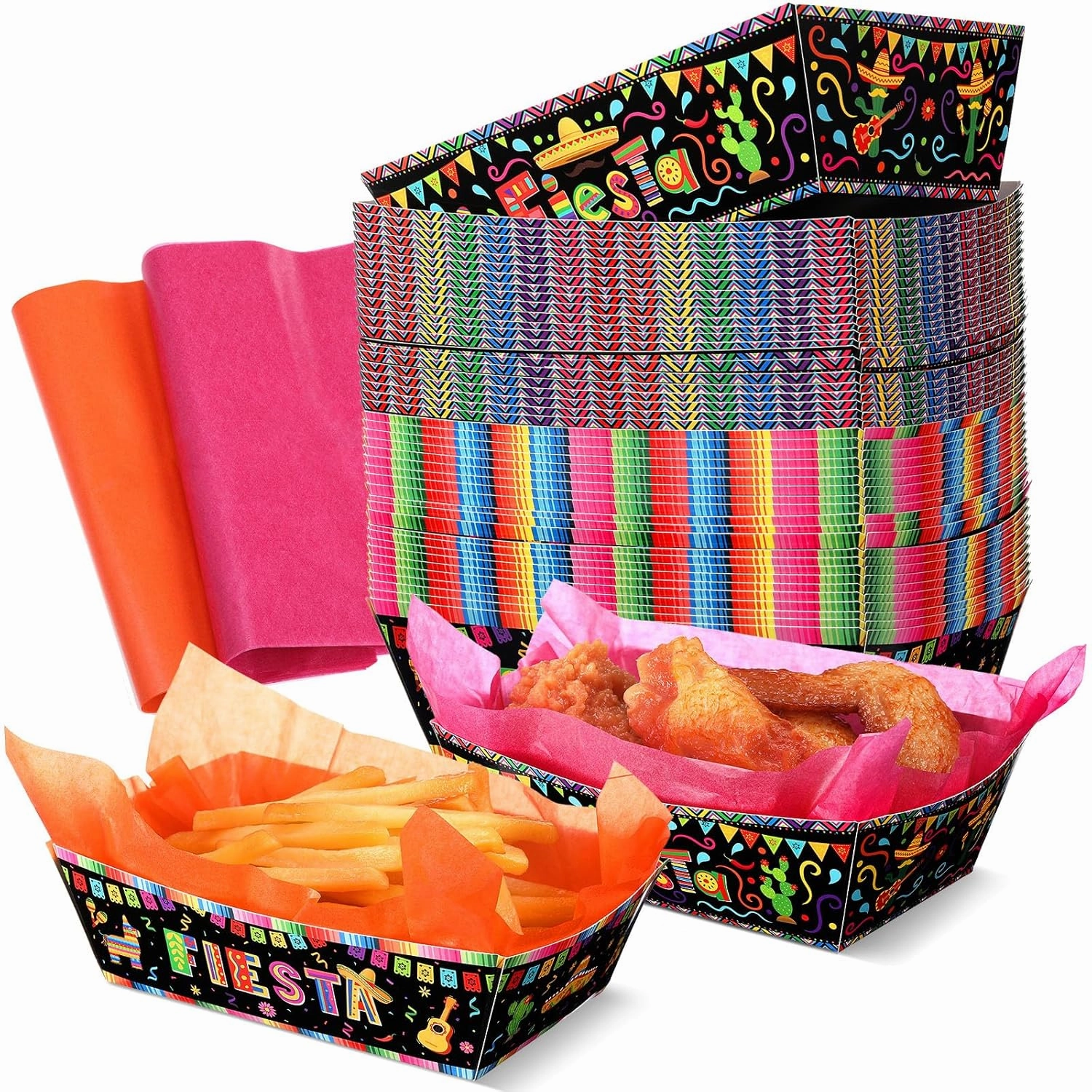 50 Set Mexican Food Trays with Wax Paper Fiesta Trays Disposable Nacho Snack Boats Paper Food Holder for Mexican Birthday Party Baby Shower Decorations Cinco De Mayo Supplies(Fashionable)