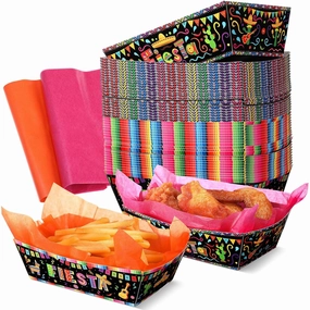 50 Set Mexican Food Trays with Wax Paper Fiesta Trays Disposable Nacho Snack Boats Paper Food Holder for Mexican Birthday Party Baby Shower Decorations Cinco De Mayo Supplies(Fashionable)