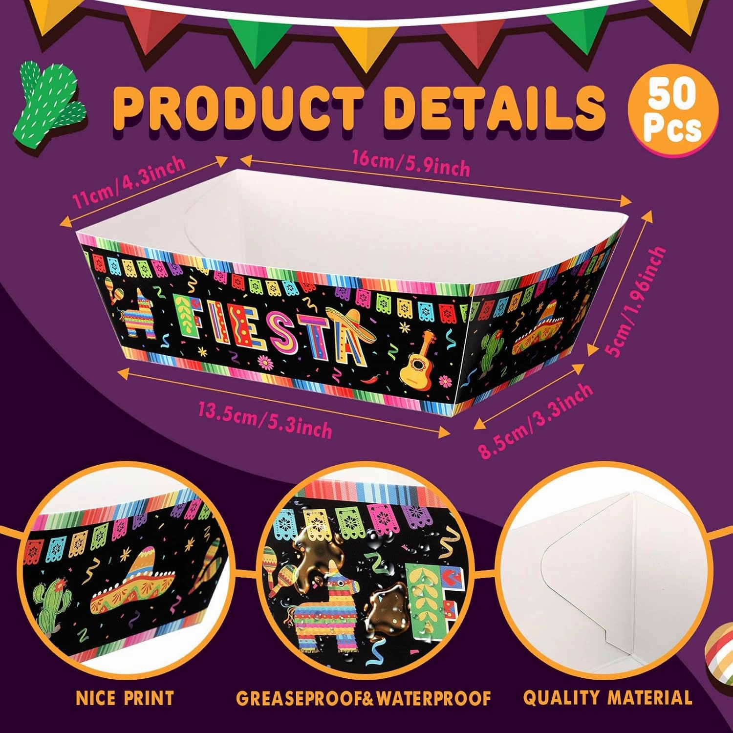 50 Set Mexican Food Trays with Wax Paper Fiesta Trays Disposable Nacho Snack Boats Paper Food Holder for Mexican Birthday Party Baby Shower Decorations Cinco De Mayo Supplies(Fashionable)