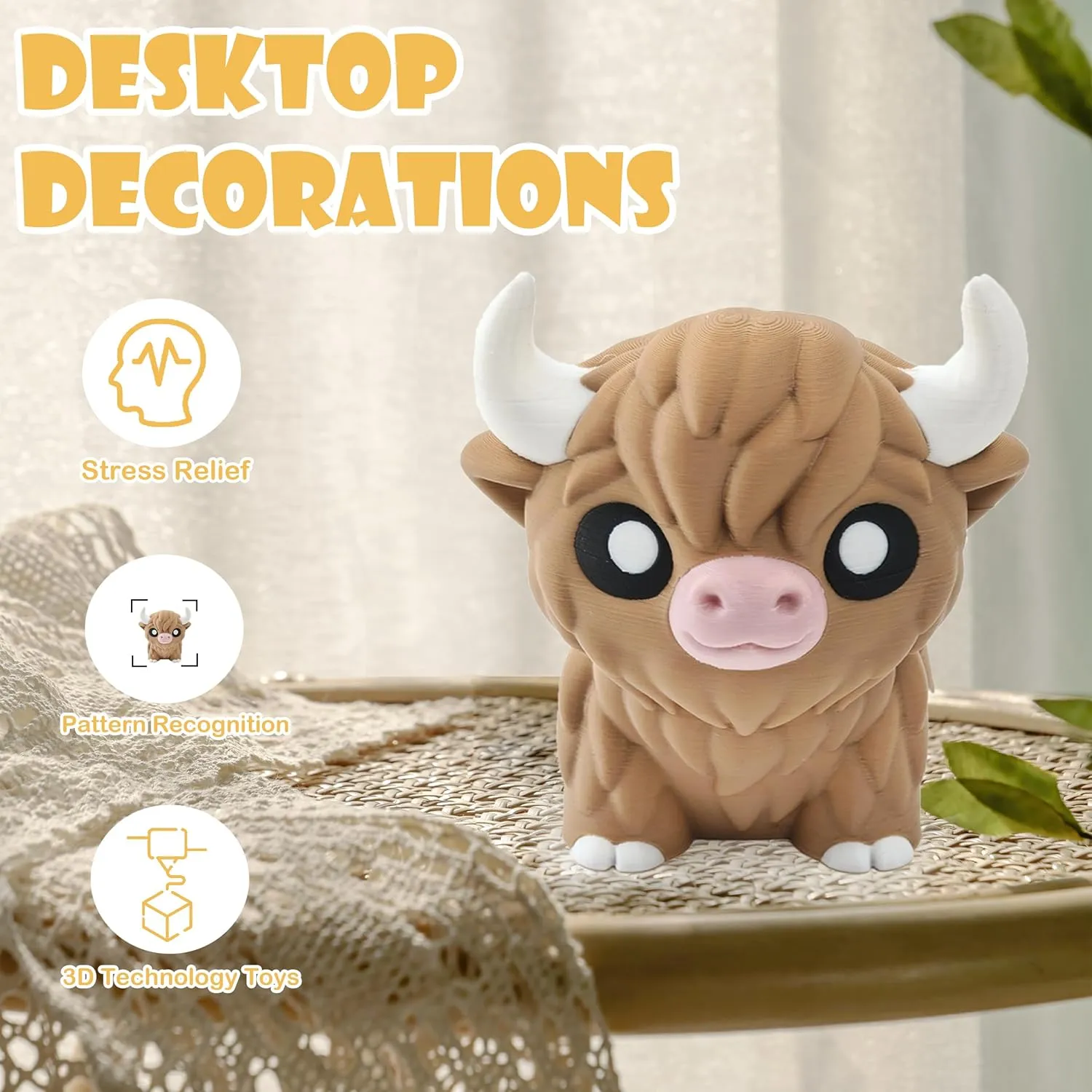 5.3 IN 3D Printed Highland Cows Figurines Set, Animal Articulated,Fidget Toys, Flexible Zoo Themed Home Decor, Stress Relief Gifts, Office Display, Collectible Miniature Animals for Boys and Girls