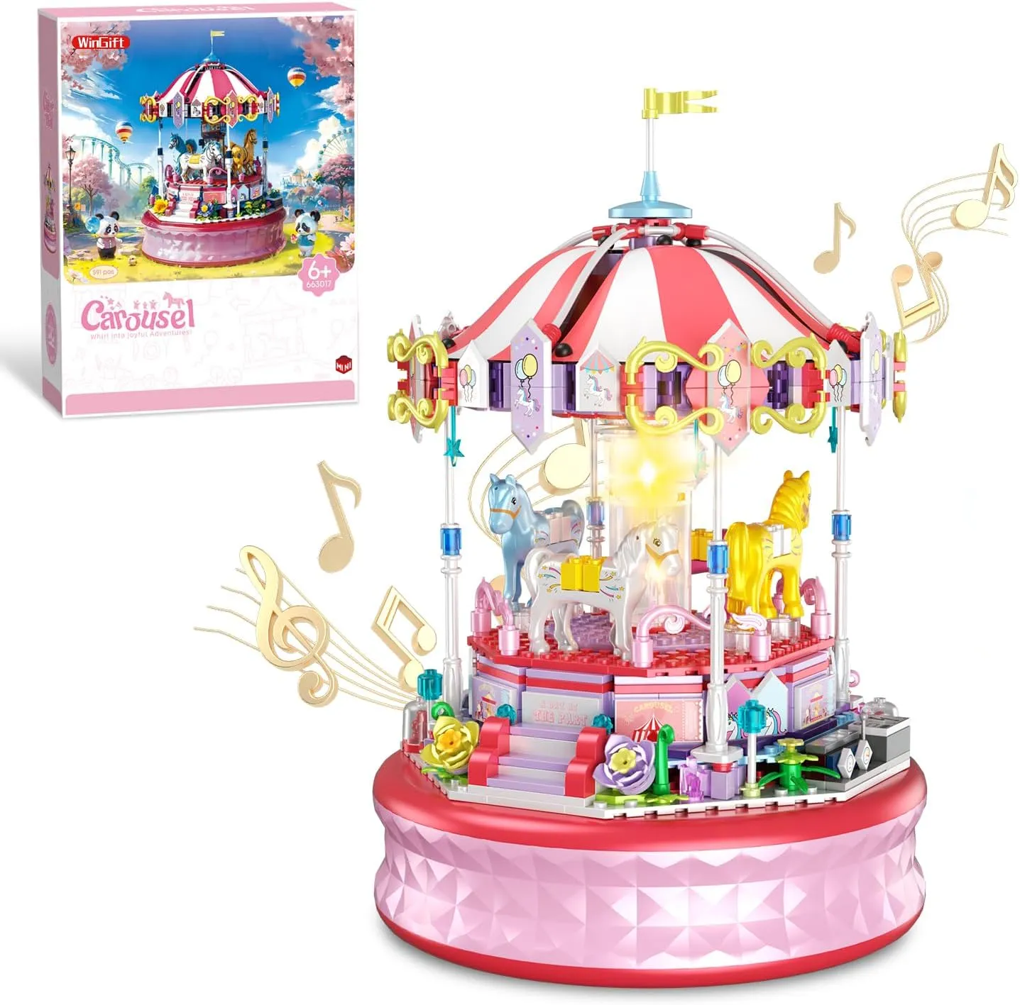 591 Piece Mini Music Box Building Block Set,Rotating Carousel DIY Building Toy,Girl Amusement Park Building Block Kit,STEM Educational Toys,Christmas Birthday Gifts for Girls Boys Ages 6-12 