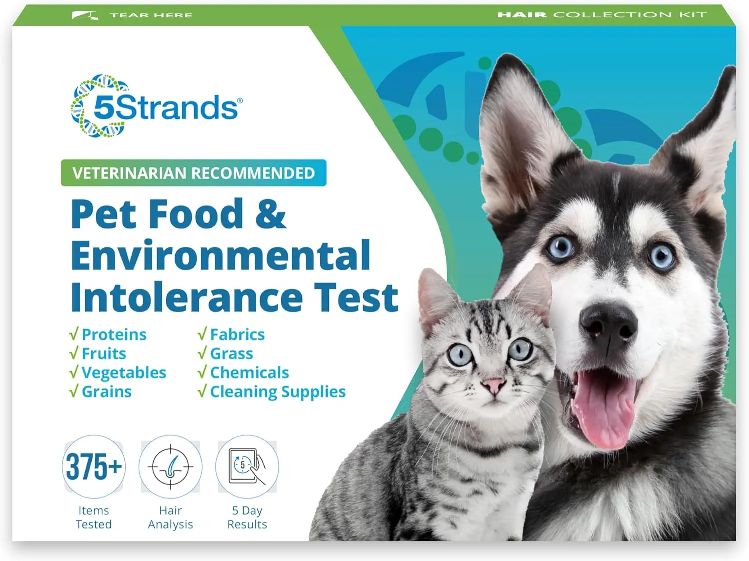 5Strands Pet Food & Environmental Intolerance Test, at Home Sensitivity Test for Dogs & Cats, 412 Items Tested, Pet Health Check, Fast 5 Day Results, For All Ages and Breeds