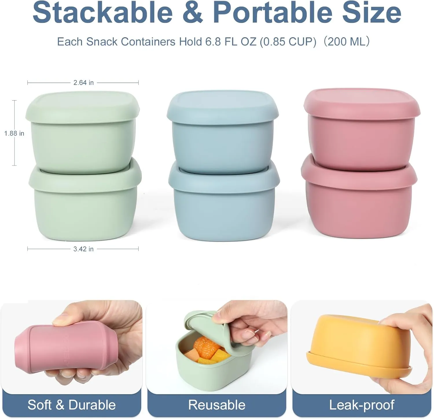 6 pcs 6.76 oz Silicone Snack Containers for Kids Small Food Containers with Lids, Fruit Containers for Lunch, Stackable Lunch Containers for Kids, Daycare, School and Travel