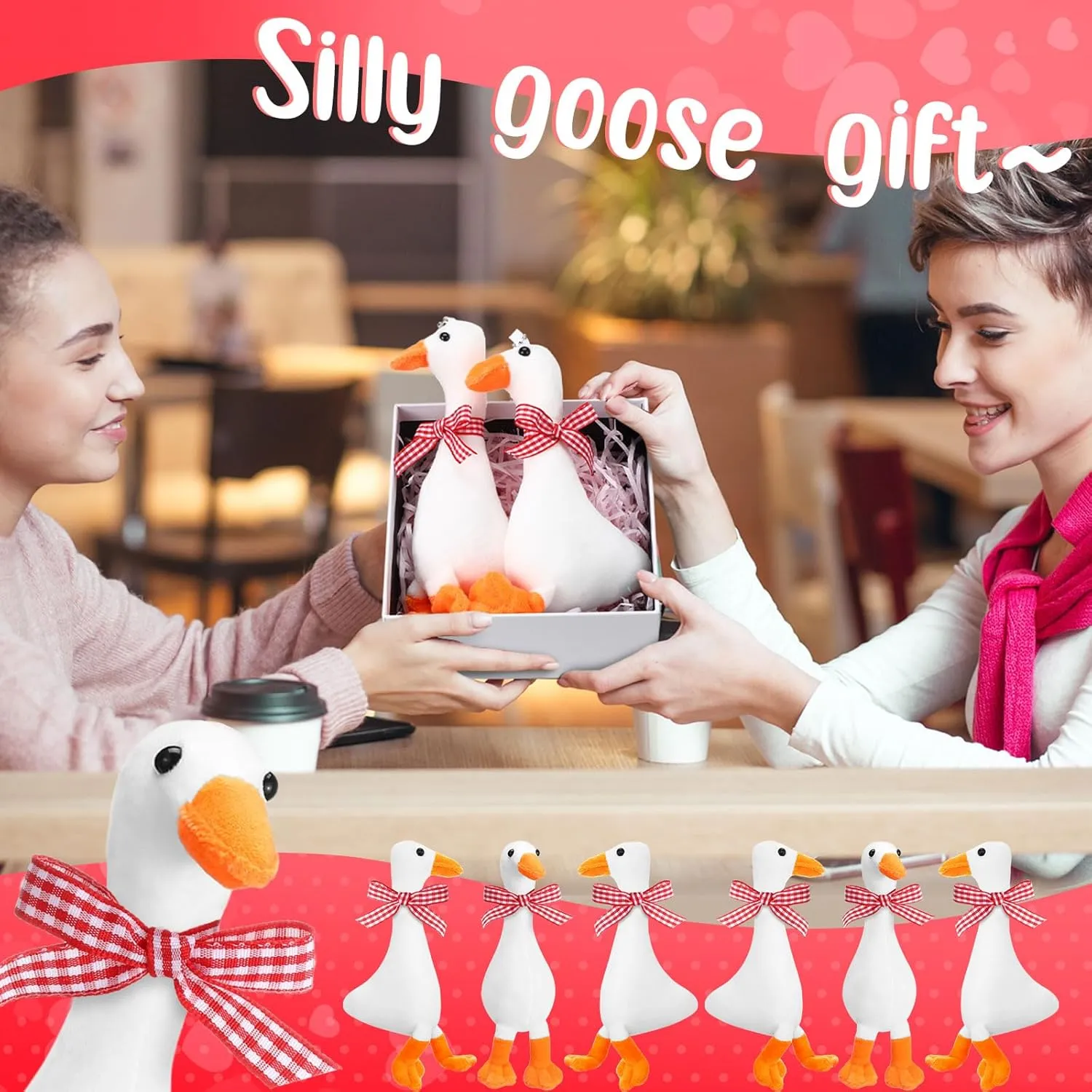 6 Pcs Goose Stuffed Animal 6 Inch Plush White Silly Goose with Collar Soft Stuffed Funny Duck Doll Gifts for Birthday Supplies Home Decorations (Red Ribbon)