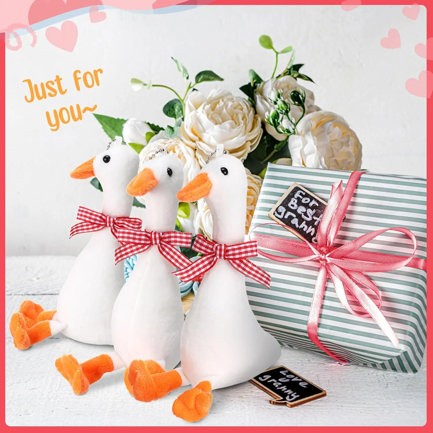 6 Pcs Goose Stuffed Animal 6 Inch Plush White Silly Goose with Collar Soft Stuffed Funny Duck Doll Gifts for Birthday Supplies Home Decorations (Red Ribbon)