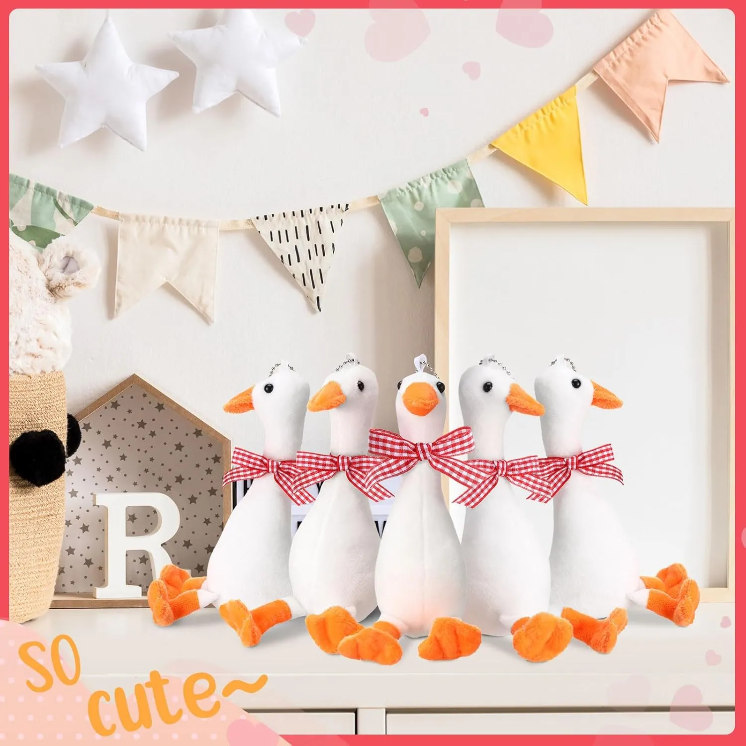 6 Pcs Goose Stuffed Animal 6 Inch Plush White Silly Goose with Collar Soft Stuffed Funny Duck Doll Gifts for Birthday Supplies Home Decorations (Red Ribbon)