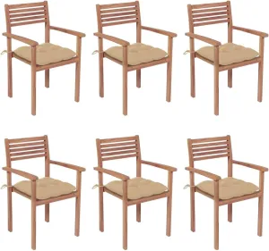 6 Pcs Stackable Patio Chairs with Beige Cushions Solid Teak Wood Outdoor Dining Chairs for Garden Backyard Porch Deck