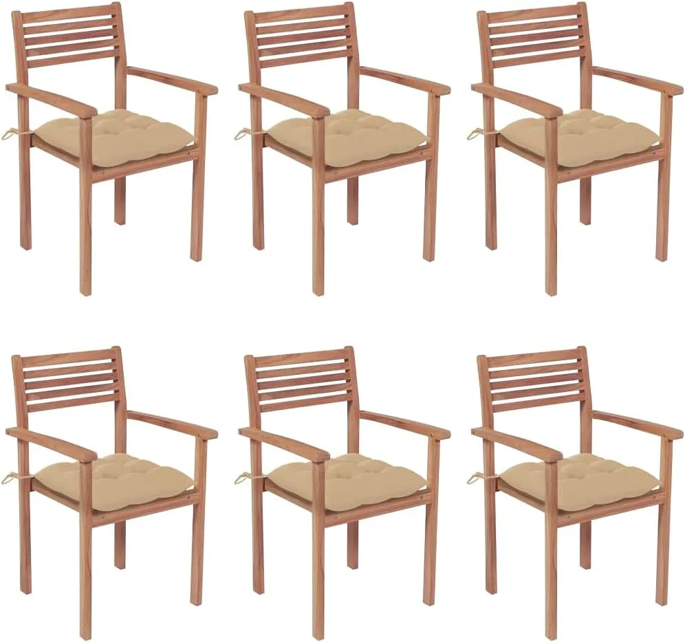 6 Pcs Stackable Patio Chairs with Beige Cushions Solid Teak Wood Outdoor Dining Chairs for Garden Backyard Porch Deck