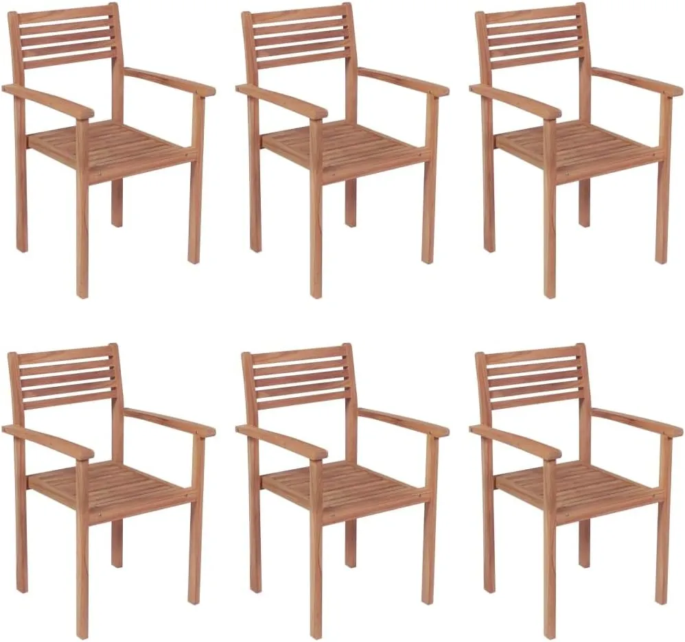 6 Pcs Stackable Patio Chairs with Beige Cushions Solid Teak Wood Outdoor Dining Chairs for Garden Backyard Porch Deck
